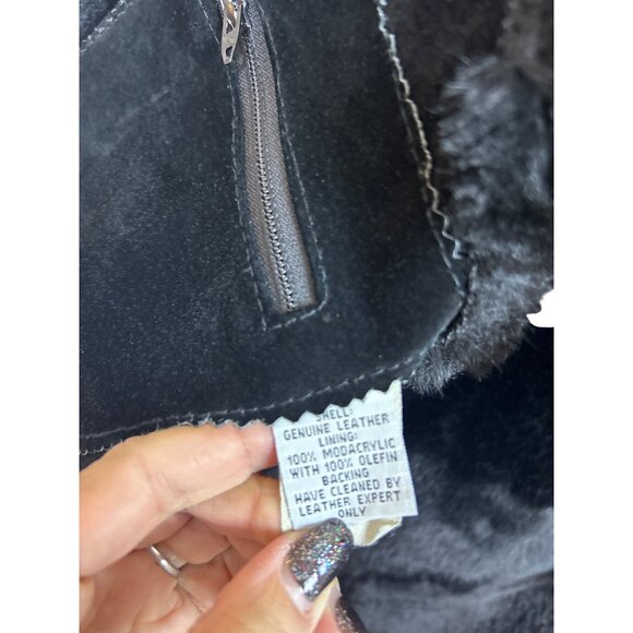 Vtg J.Percy Marvin Richards Women's M Black Suede Faux Fur Lined Coat Hooded 90s - Picture 4 of 14